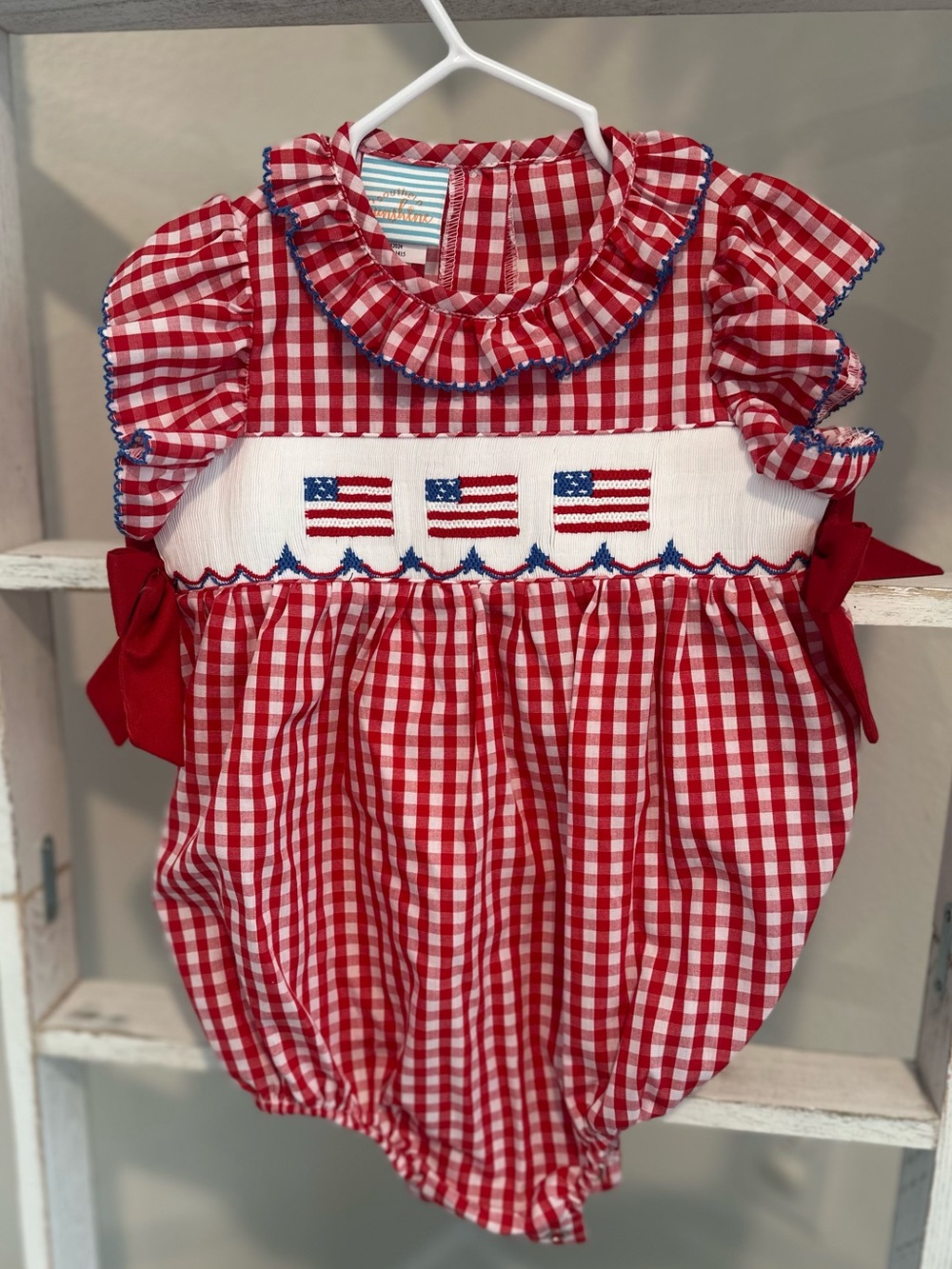 4th of July Smocked Baby Romper with Flag Embroidery